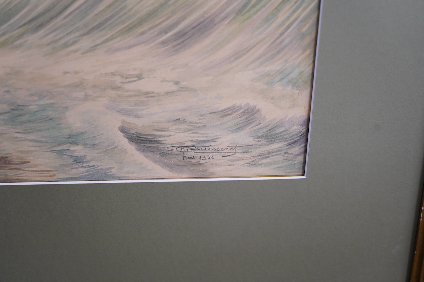 Early / mid 20th century, French School, watercolour, Study of a reclining nude woman above waves, indistinctly signed and dated 1936, 40 x 76cm. Condition - fair to good, minor discolouration